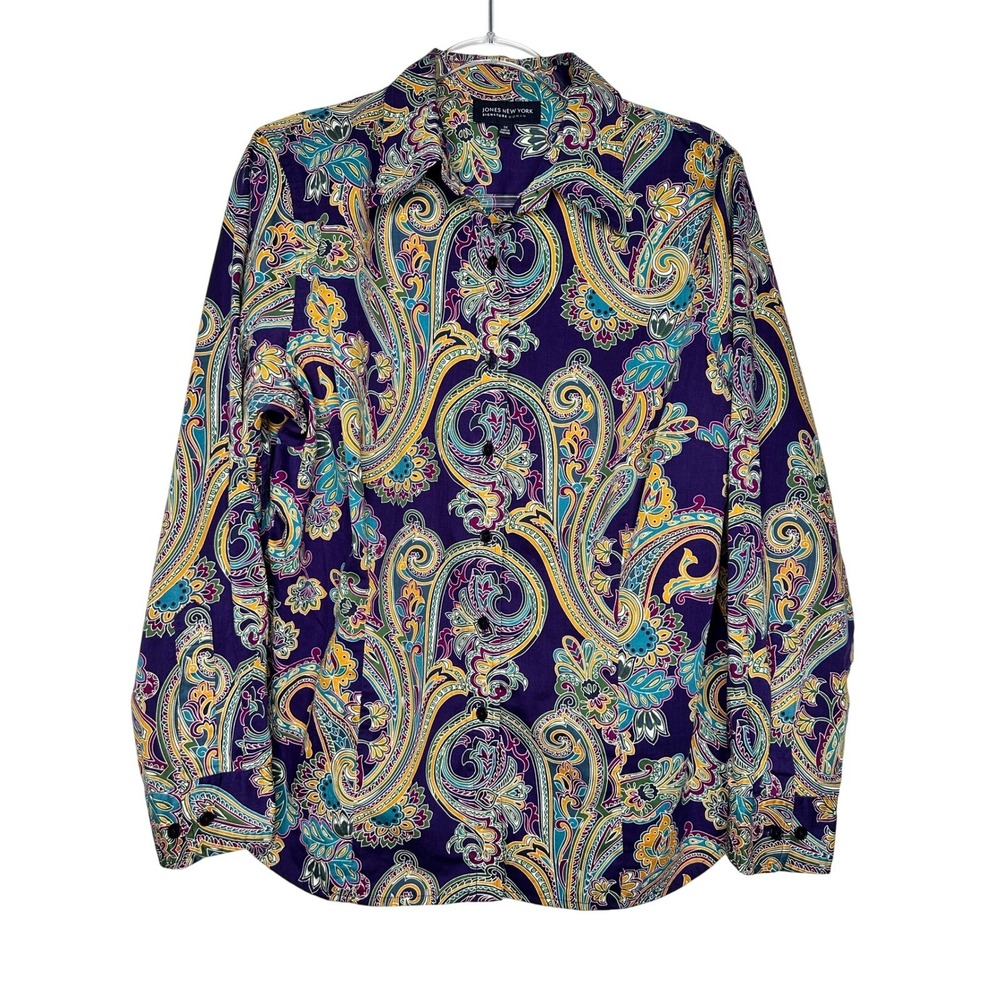 Jones New York Signature Button Down Cotton Shirt Size 1X Purple Paisley Preppy